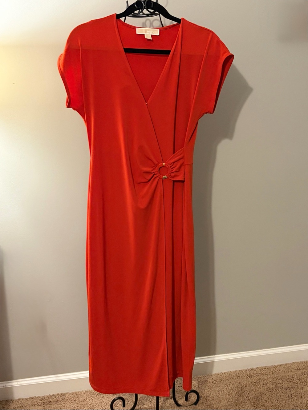 Michael Kors Bright Red Faux-Wrap Midi Dress with gold Ring Detail size small 💕